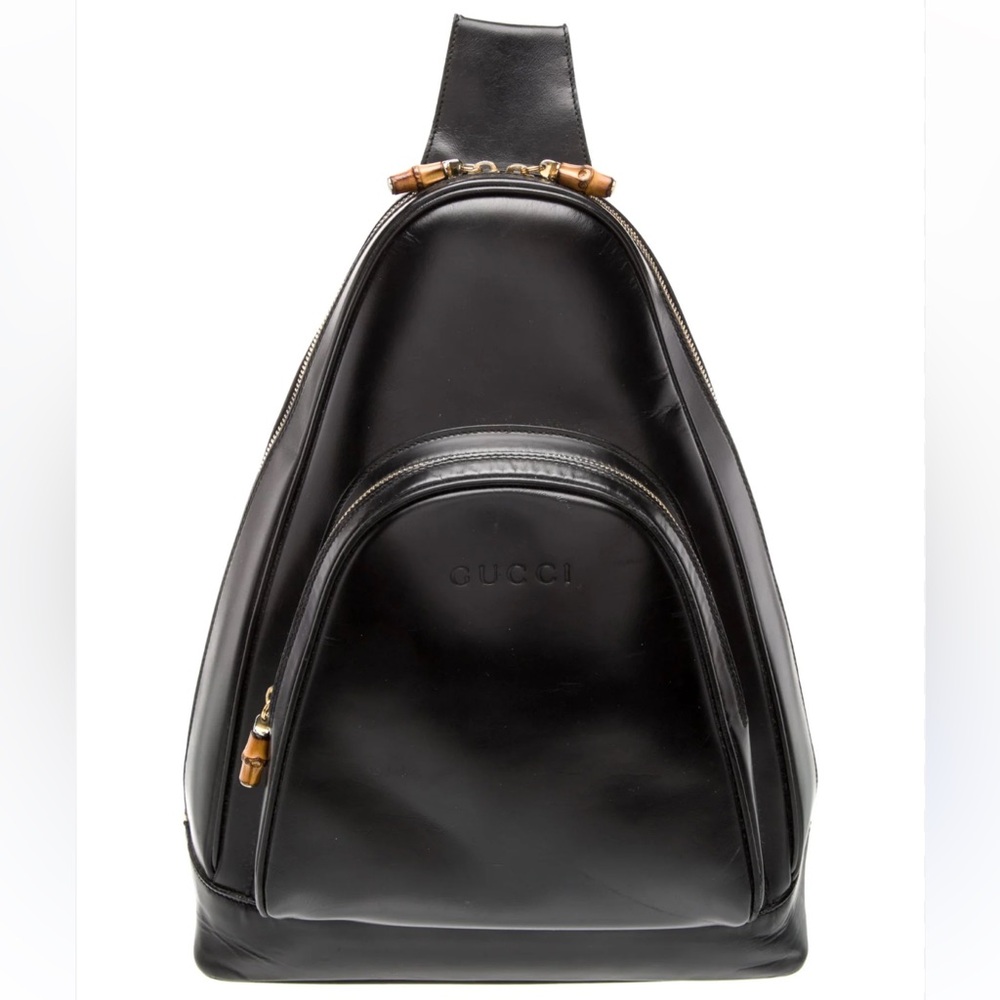 Gucci vintage sling bamboo backpack black calfskin gold HW